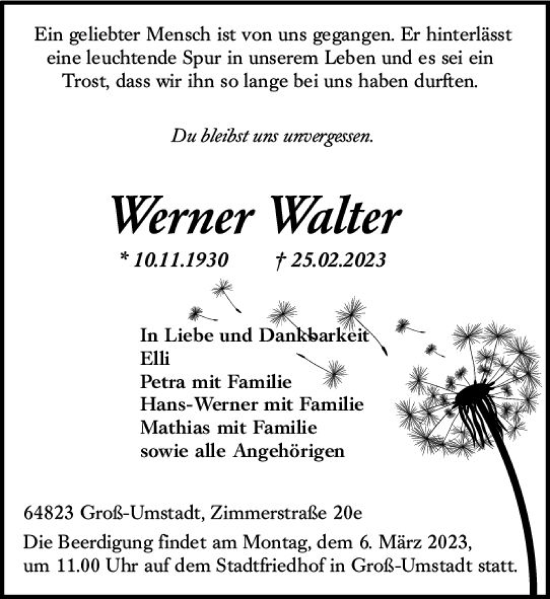 Traueranzeige von Werner Walter von Darmstädter Echo