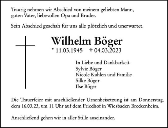 Traueranzeige von Wilhelm Böger von Wiesbadener Kurier