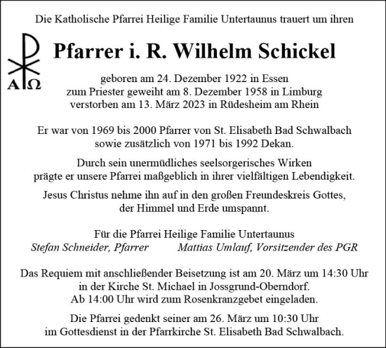 Traueranzeige von Wilhelm Schickel von Idsteiner Land/Untertaunus