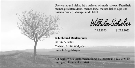 Traueranzeige von Wilhelm Schließer von Wiesbadener Kurier
