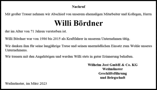 Traueranzeige von Willi Bördner von Weilburger Tageblatt