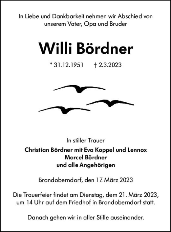 Traueranzeige von Willi Bördner von Weilburger Tageblatt