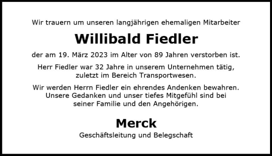 Traueranzeige von Willibald Fiedler von Darmstädter Echo
