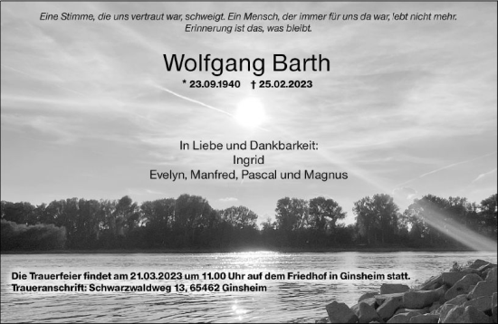 Traueranzeige von Wolfgang Barth von Rüsselsheimer Echo