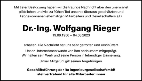 Traueranzeige von Wolfgang Rieger von Wiesbadener Kurier