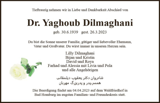 Traueranzeige von Yaghoub Dilmaghani von Allgemeine Zeitung Bingen/Ingelheim