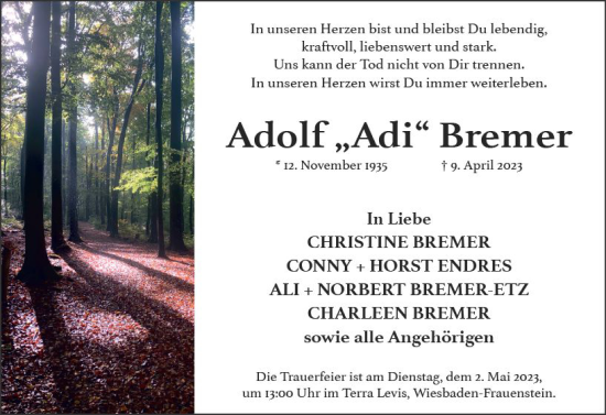 Traueranzeige von Adolf  Bremer von Wiesbadener Kurier