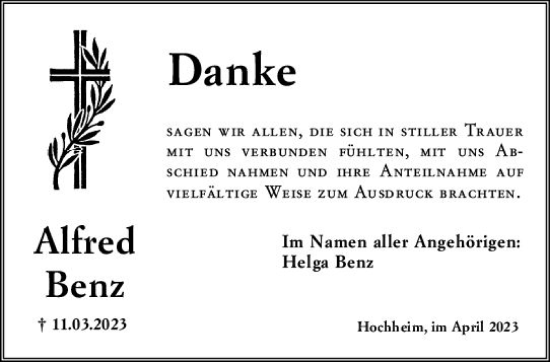 Traueranzeige von Alfred Benz von Hochheimer Zeitung