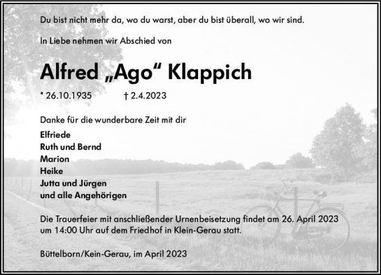 Traueranzeige von Alfred  Klappich von Groß-Gerauer Echo