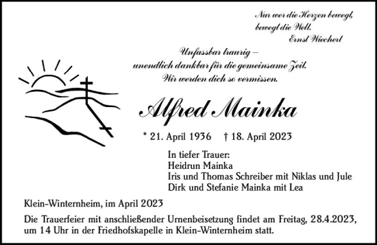 Traueranzeige von Alfred Mainka von Allgemeine Zeitung Mainz