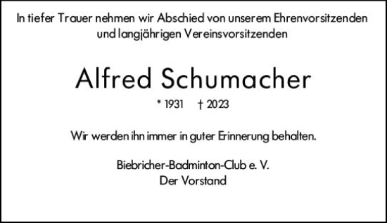 Traueranzeige von Alfred Schumacher von Wiesbadener Kurier