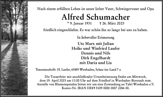 Traueranzeige von Alfred Schumacher von Wiesbadener Kurier