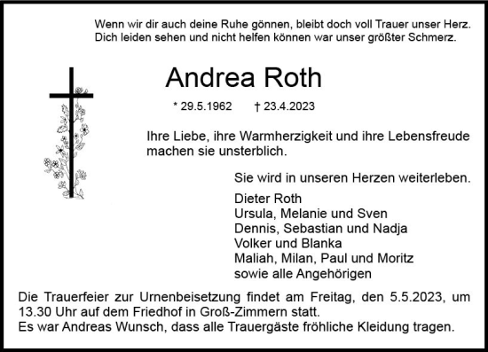 Traueranzeige von Andrea Roth von Dieburger Anzeiger/Groß-Zimmerner Lokal-Anzeiger