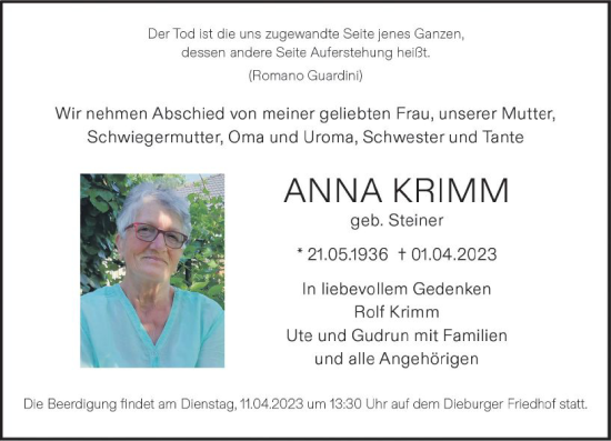 Traueranzeige von Anna Krimm von Dieburger Anzeiger/Groß-Zimmerner Lokal-Anzeiger