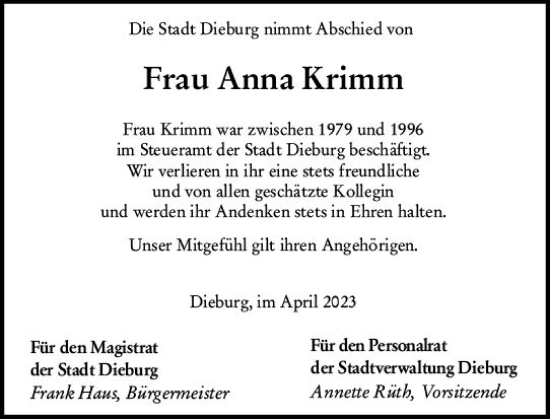 Traueranzeige von Anna Krimm von Dieburger Anzeiger/Groß-Zimmerner Lokal-Anzeiger