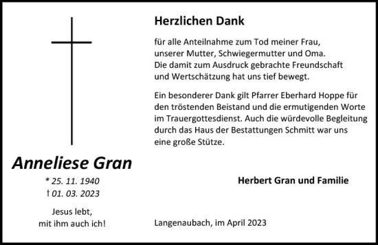 Traueranzeige von Anneliese Gran von Dill Block