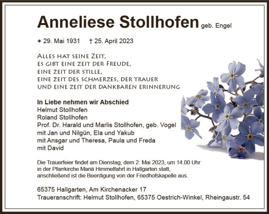 Traueranzeige von Anneliese Stollhofen von Rheingau Kurier