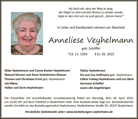 Traueranzeige von Anneliese Veyhelmann von Allgemeine Zeitung Bingen/Ingelheim