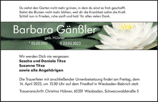 Traueranzeige von Barbara Gönß von Wiesbadener Kurier