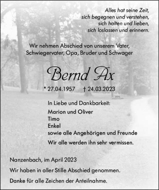 Traueranzeige von Bernd Ax von Dill Block