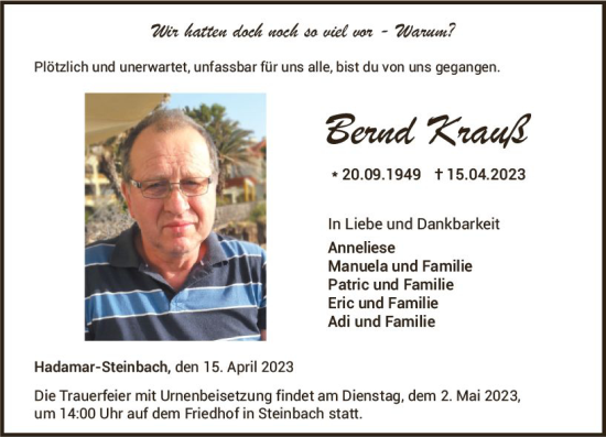 Traueranzeige von Bernd Krauß von Nassauische Neue Presse