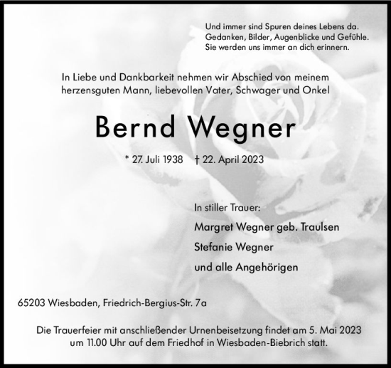 Traueranzeige von Bernd Wegner von Wiesbadener Kurier