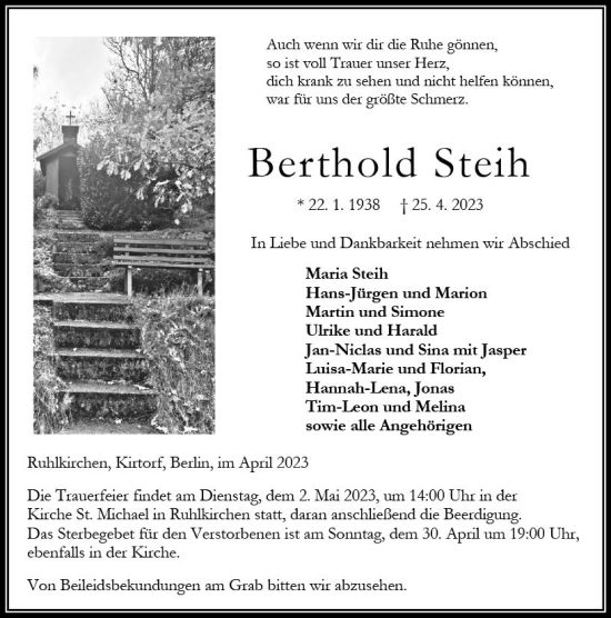 Traueranzeige von Berthold Steih von VRM Trauer
