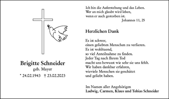 Traueranzeige von Brigitte Schneider von Allgemeine Zeitung Mainz