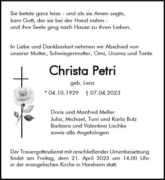 Traueranzeige von Christa Petri von Allgemeine Zeitung Mainz