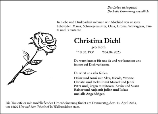 Traueranzeige von Christina Diehl von Groß-Gerauer Echo