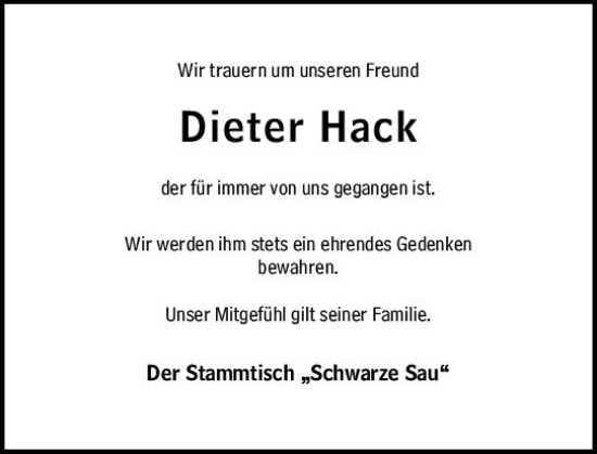 Traueranzeige von Dieter Hack von Südhessen Morgen
