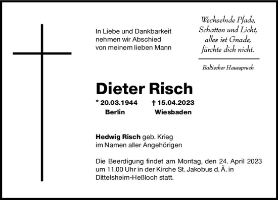 Traueranzeige von Dieter Risch von Wormser Zeitung