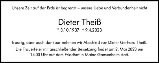 Traueranzeige von Dieter Theiß von Allgemeine Zeitung Mainz
