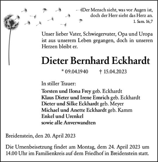 Traueranzeige von Dieter Bernhard Eckhardt von Hinterländer Anzeiger