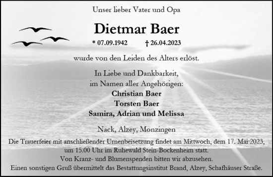 Traueranzeige von Dietmar Baer von Allgemeine Zeitung Alzey