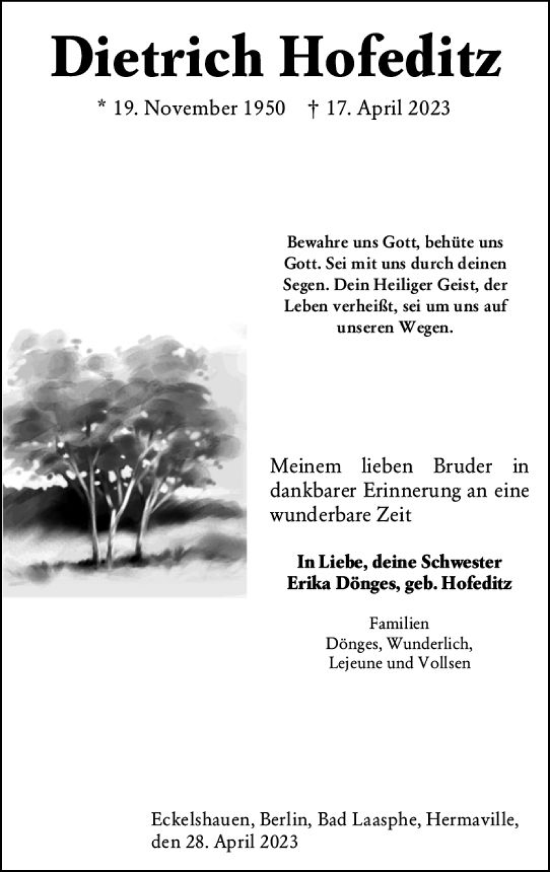 Traueranzeige von Dietrich Hofeditz von Hinterländer Anzeiger