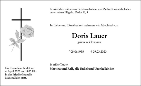 Traueranzeige von Doris Lauer von Dill Block