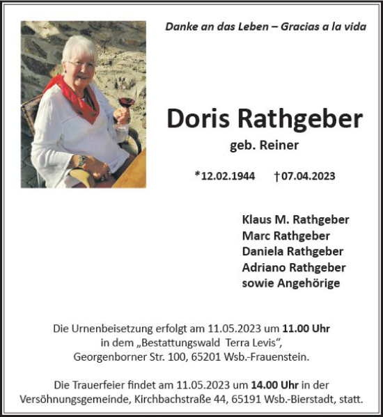 Traueranzeige von Doris Rathgeber von Wiesbadener Kurier
