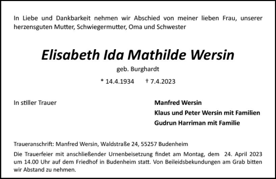 Traueranzeige von Elisabeth Ida Mathilde Wersin von Allgemeine Zeitung Mainz