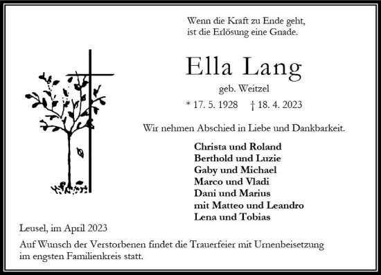 Traueranzeige von Ella Lang von VRM Trauer