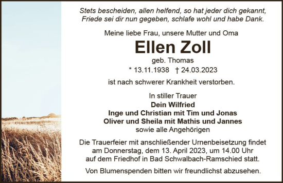 Traueranzeige von Ellen Zoll von Idsteiner Land/Untertaunus