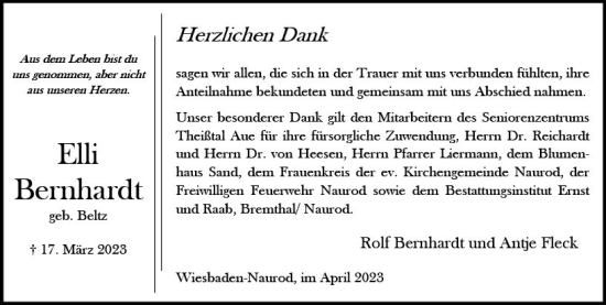 Traueranzeige von Elli Bernhardt von Wiesbadener Kurier