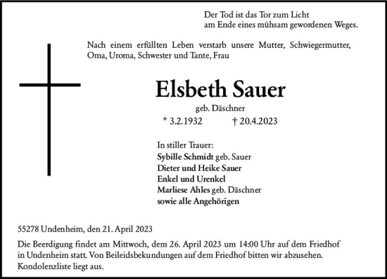 Traueranzeige von Elsbeth Sauer von Allgemeine Zeitung Mainz