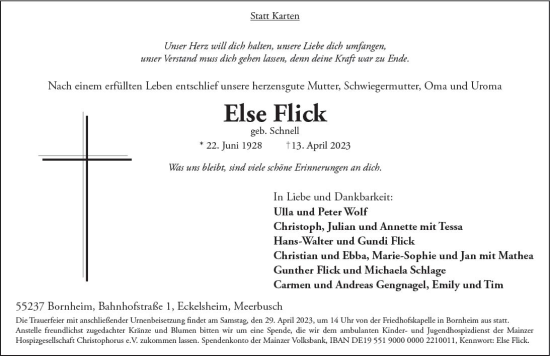 Traueranzeige von Else Flick von Allgemeine Zeitung Alzey