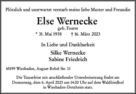 Traueranzeige von Else Wernecke von Wiesbadener Kurier
