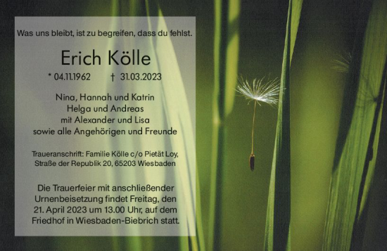 Traueranzeige von Erich Kölle von Wiesbadener Kurier