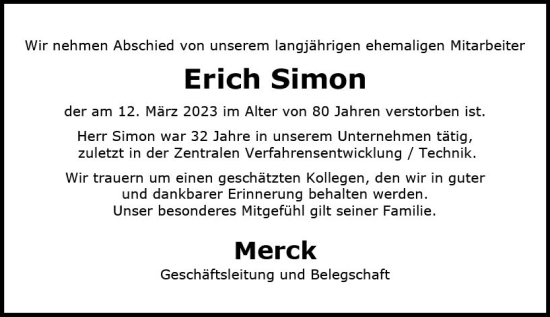 Traueranzeige von Erich Simon von Darmstädter Echo