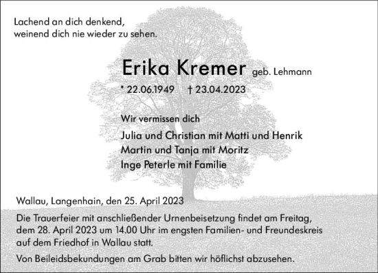 Traueranzeige von Erika Kremer von Hinterländer Anzeiger