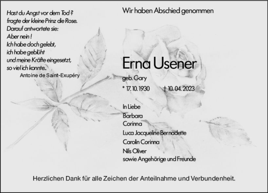 Traueranzeige von Erna Usener von Wetzlarer Neue Zeitung