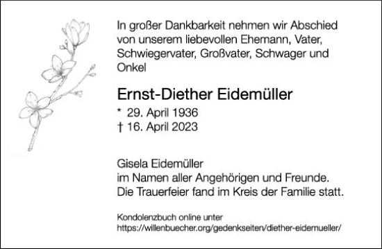 Traueranzeige von Ernst-Diether Eidemüller von Darmstädter Echo